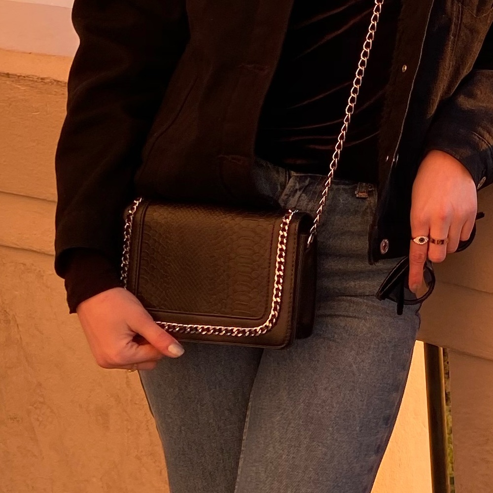 Black faux leather silver chain cross body bag